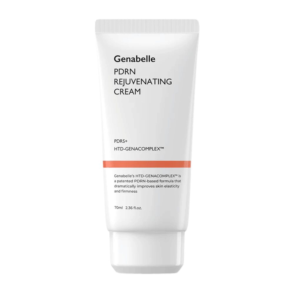 Produktová fotografia Genabelle PDRN Rejuvenating Cream v bielej tube na bielom pozadí. Hydratačný pleťový krém s PDRN a HTD-GENACOMPLEX™ pomáha zlepšovať elasticitu a pevnosť pokožky.