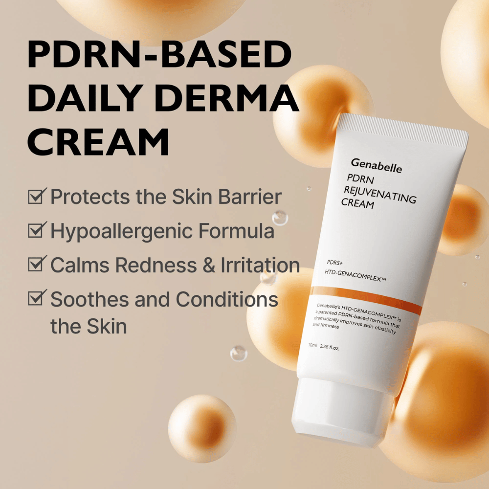 Genabelle PDRN Rejuvenating Cream obklopený zlatými sférami, ktoré symbolizujú technológiu PDRN. Obrázok zdôrazňuje vlastnosti posilňujúce kožnú bariéru, upokojujúci účinok a hypoalergénne zloženie na každodenné použitie.