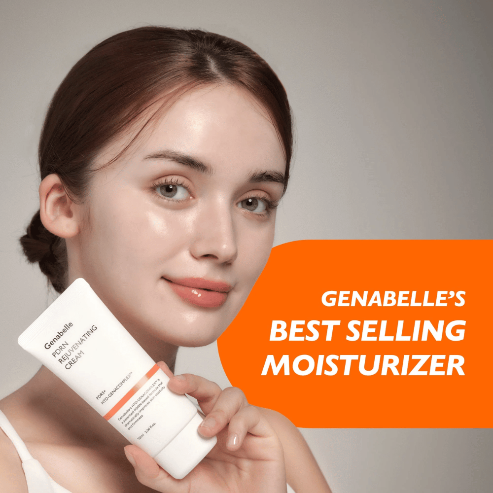 Osoba drží pred kamerou Genabelle PDRN Rejuvenating Cream. Obrázok predstavuje produkt ako najpredávanejší pleťový krém so zameraním na hydratáciu, obnovu pokožky a sviežu, žiarivú pleť.