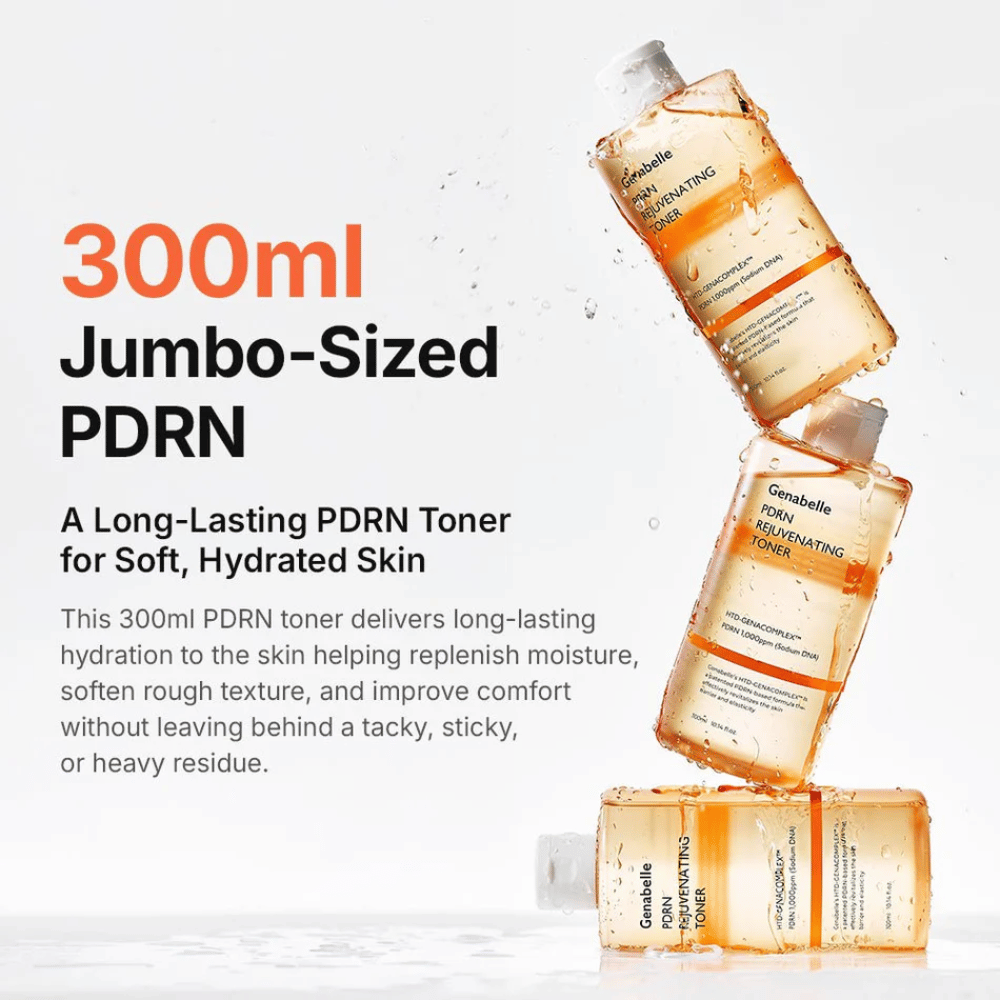 Genabelle PDRN Rejuvenating Toner 300 ml s PDRN, ktoré poskytuje dlhotrvajúcu hydratáciu, jemnejšiu pokožku a svieži pocit na pokožke bez lepivosti.