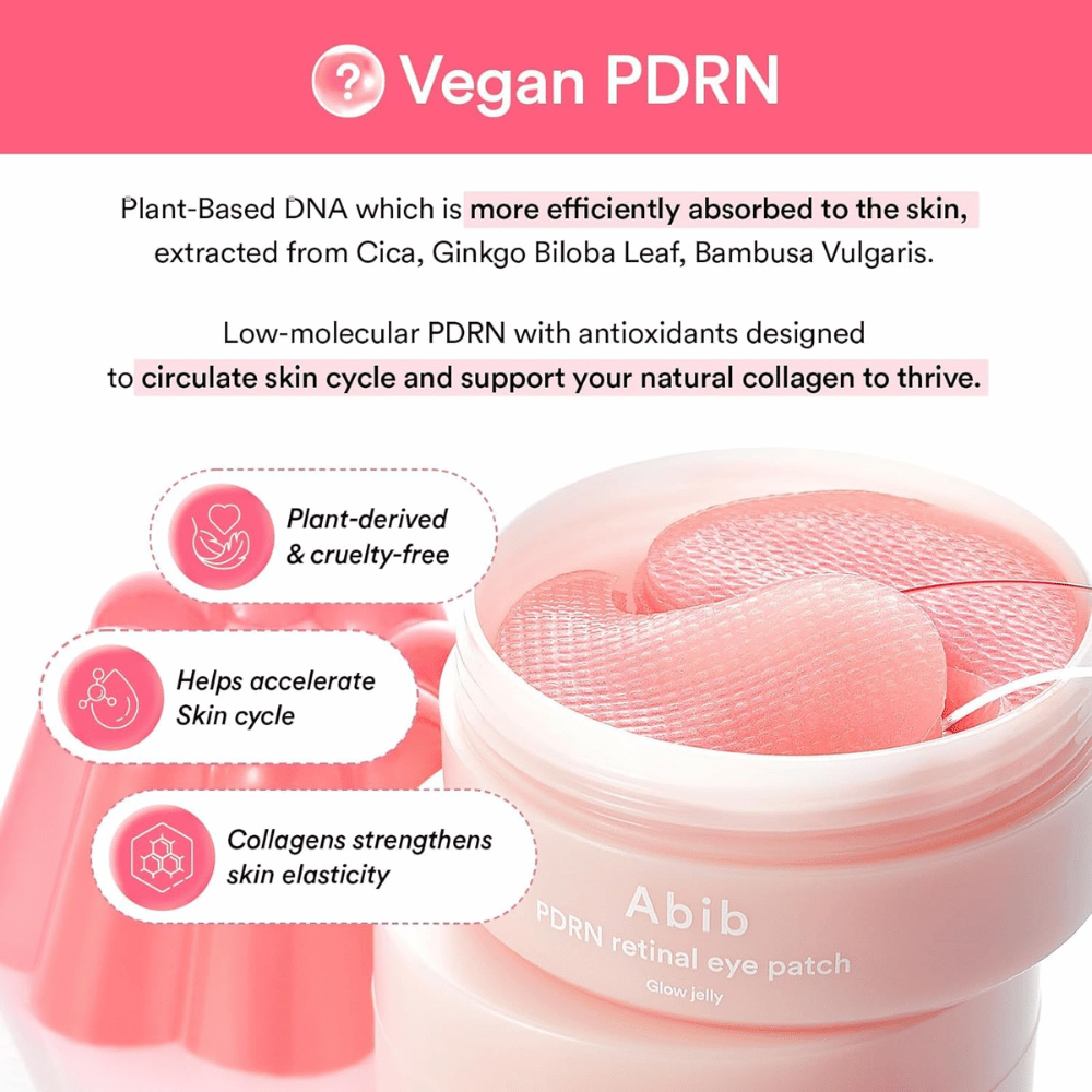 Abib PDRN Retinal Eye Patch Glow Jelly s vegánskym PDRN z rastlinných extraktov, ktoré posilňujú elasticitu pokožky, podporujú tvorbu kolagénu a zlepšujú štruktúru pokožky.