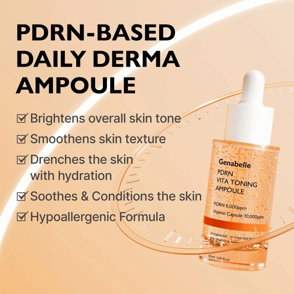 Produktová fotografia Genabelle PDRN Vita Toning Ampoule s textom o hydratácii, zjednotení tónu pleti a upokojujúcich vlastnostiach pre citlivú pleť s hypoalergénnym zložením.