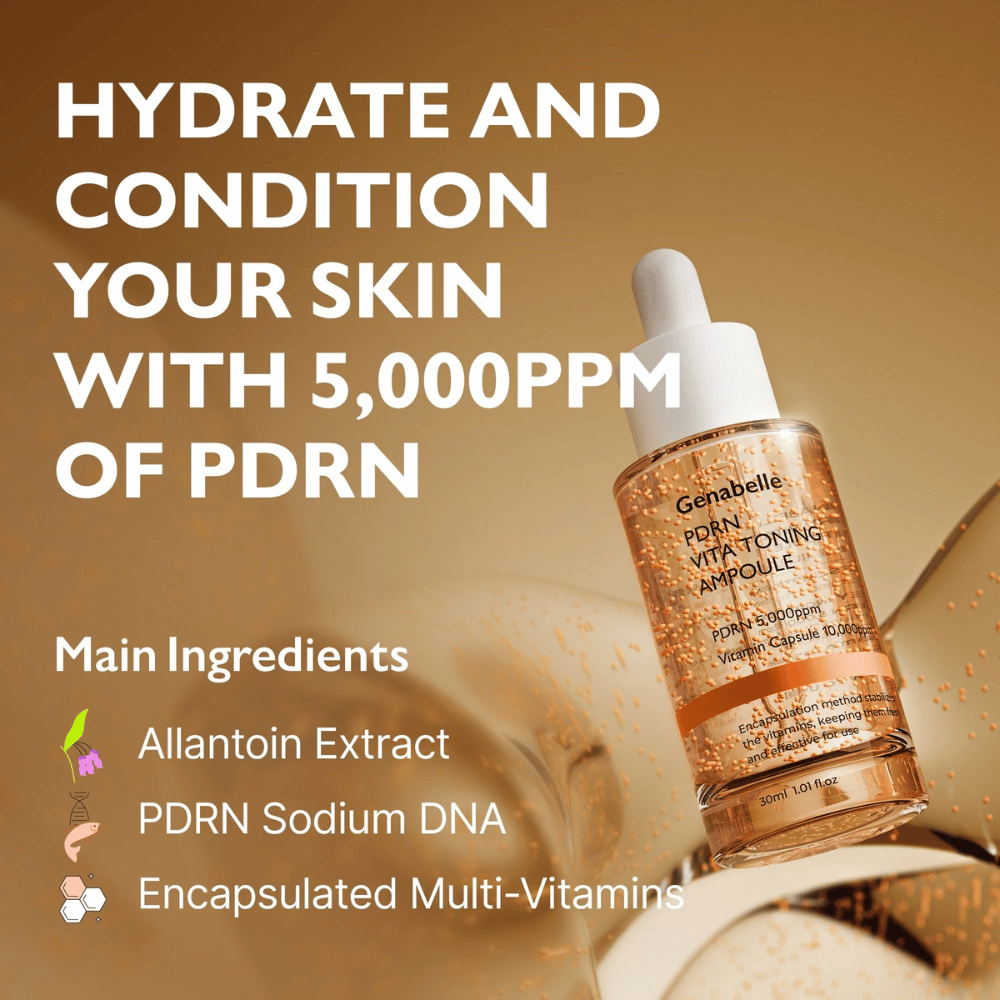 Reklamný obrázok pre Genabelle PDRN Vita Toning Ampoule so zameraním na hydratáciu a PDRN 5000 ppm, ako aj na zložky ako vitamínové kapsuly a Sodium DNA pre glow a starostlivosť o pleť.