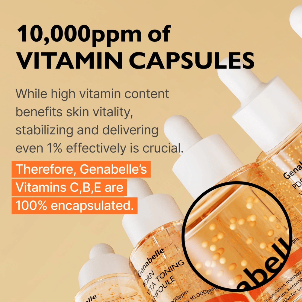 Genabelle PDRN Vita Toning Ampoule so zapuzdrenými vitamínmi v sére, ktoré zdôrazňujú rozjasňujúce zloženie s vitamínmi C, B a E pre glow a vitalitu pleti.