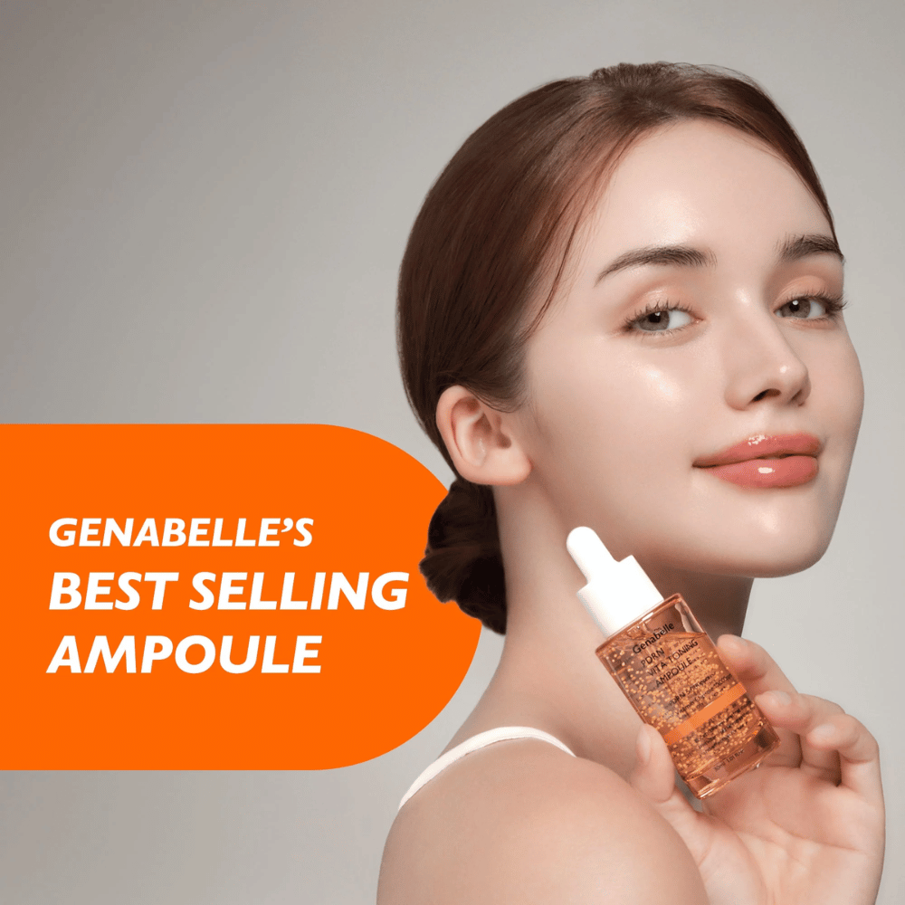 Modelka drží Genabelle PDRN Vita Toning Ampoule vedľa tváre so zameraním na glow, jas a hydratovanú pleť z kórejského séra s vitamínovými kapsulami a PDRN.