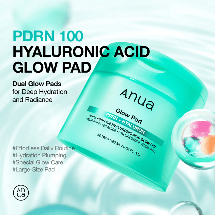 Anua PDRN 100 Hyaluronic Acid Glow Pad v tyrkysovej nádobe s textom, ktorý zdôrazňuje hydratáciu, žiarivosť a veľkú veľkosť podložiek – navrhnuté pre každodennú hydratáciu a lesk.