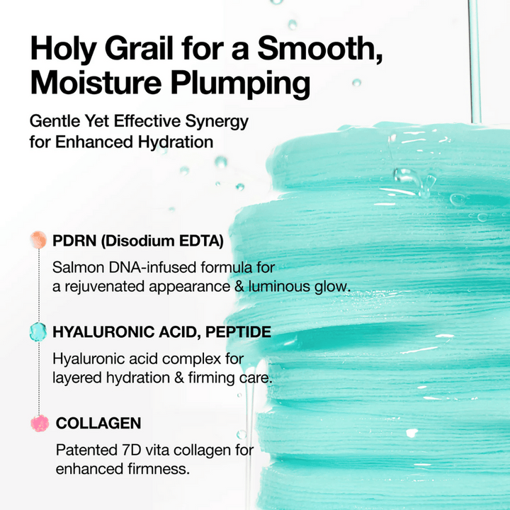 Modré tonerové podložky nasiaknuté hydratačnou esenciou s textom o zložkách: PDRN (lososová DNA), kyselina hyalurónová, peptidy a kolagén – navrhnuté pre hydratáciu, žiarivosť a pevnejšiu pokožku.