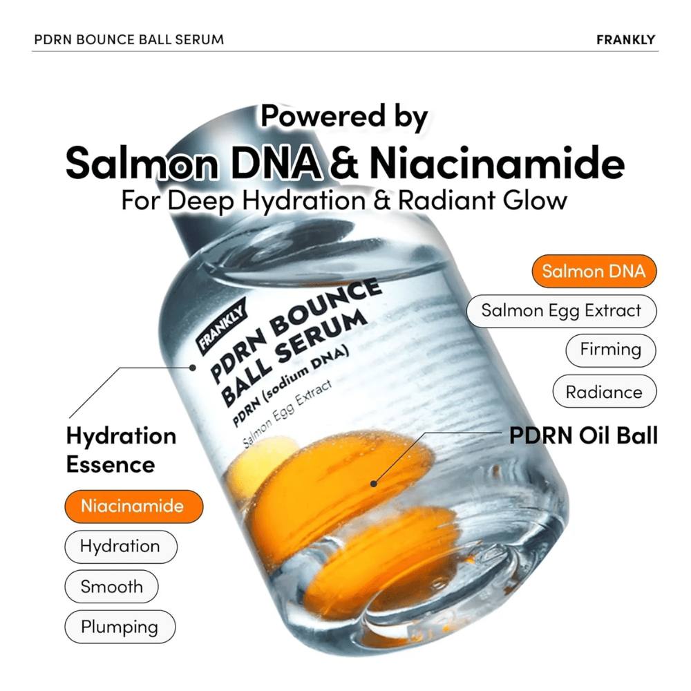 FRANKLY PDRN Bounce Ball Serum s lososovou DNA a niacínamidom – hĺbková hydratácia, pevnosť a žiarivý lesk.