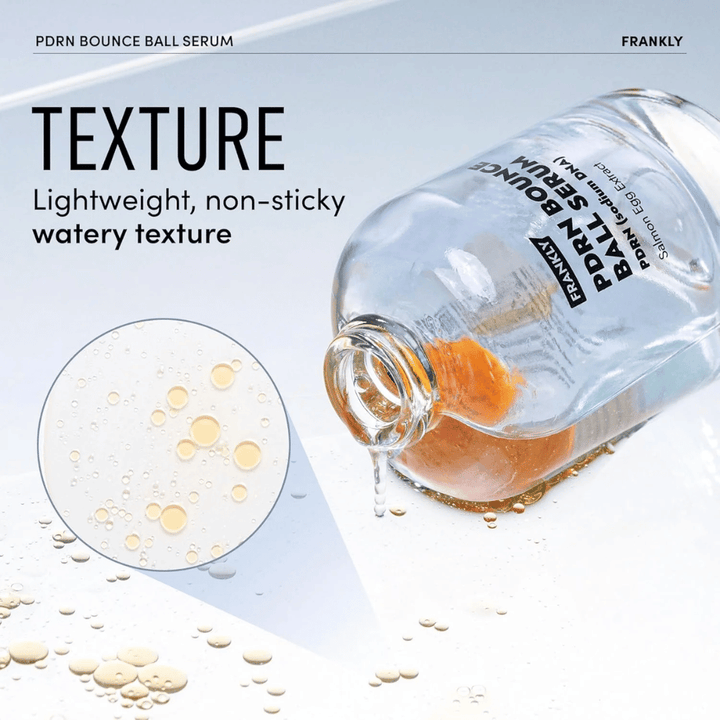 FRANKLY PDRN Bounce Ball Serum – ľahká, nelepivá formula s vodnatou textúrou, ktorá hydratuje a dodáva pleti svieži lesk.