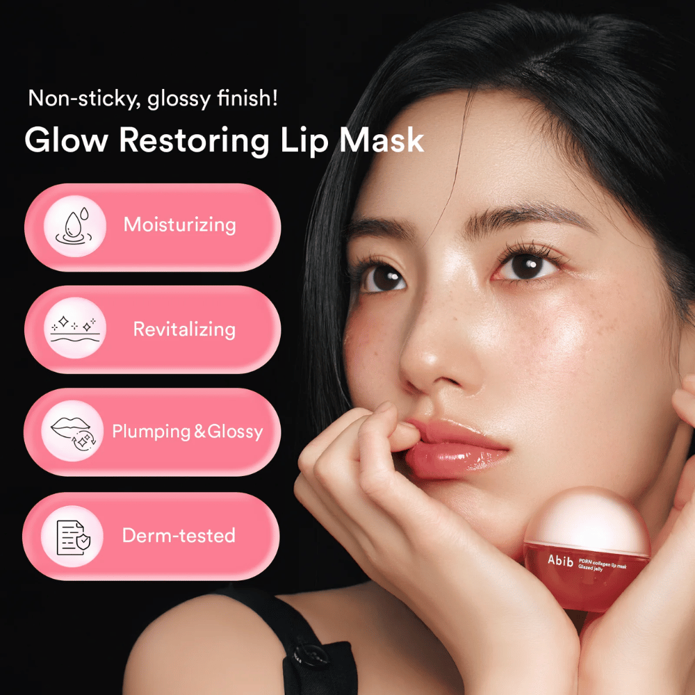 Žena s lesklými perami drží ružovú nádobu Abib PDRN Collagen Lip Mask. Text naľavo uvádza výhody: hydratačný, revitalizačný, vypĺňajúci & lesklý a dermatologicky testovaný.