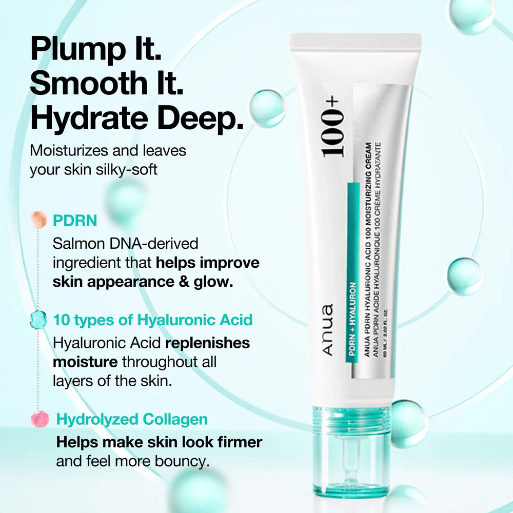 Anua PDRN Hyaluronic Acid 100 Moisturizing Cream s kyselinou hyalurónovou, PDRN a kolagénom – hydratuje, vyhladzuje a posilňuje pokožku.