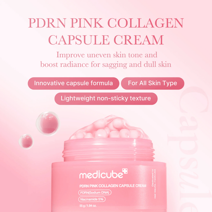 Ružová nádoba s Medicube PDRN Pink Collagen Capsule Cream, obklopená kapsulovitými bublinami a textom, ktorý zdôrazňuje vlastnosti krému pre nerovnomerný tón pleti, žiarivosť a všetky typy pleti.