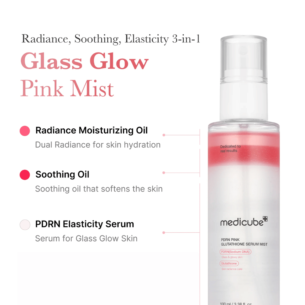 Obrázok produktu Medicube PDRN Pink Glutathione Serum Mist s tromi vrstvami: hydratačný olej, upokojujúci olej a PDRN sérum pre žiarivosť, elasticitu a jemnú pokožku.