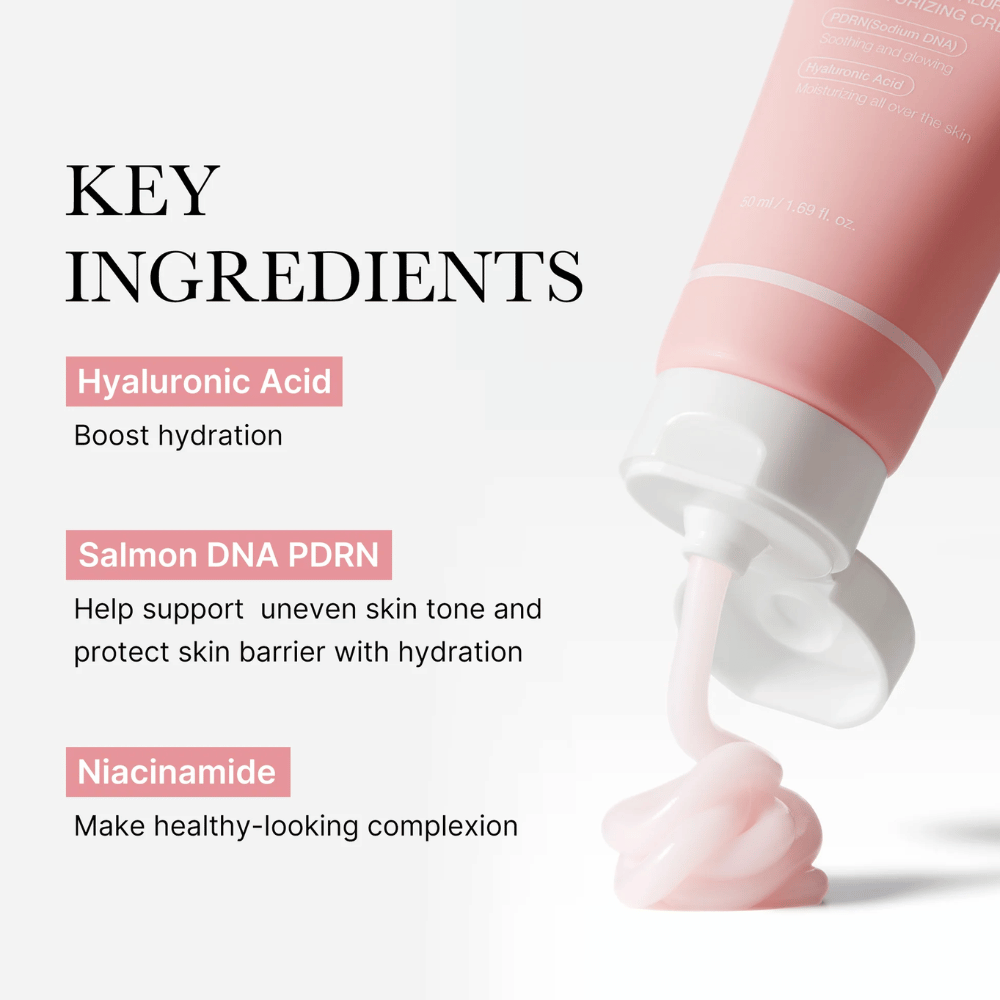 Medicube PDRN Pink Hyaluronic Moisturizing Cream s kľúčovými zložkami kyselina hyalurónová, lososové DNA PDRN a niacínamid, zobrazená s ružovým krémom z tuby.
