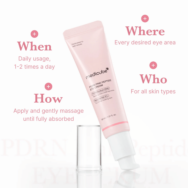Medicube PDRN Pink Peptide Eye Cream, 30 ml tuba. Očný krém s PDRN a 5 % niacínamidu. Používa sa 1–2 krát denne okolo očí. Vhodný pre všetky typy pleti.