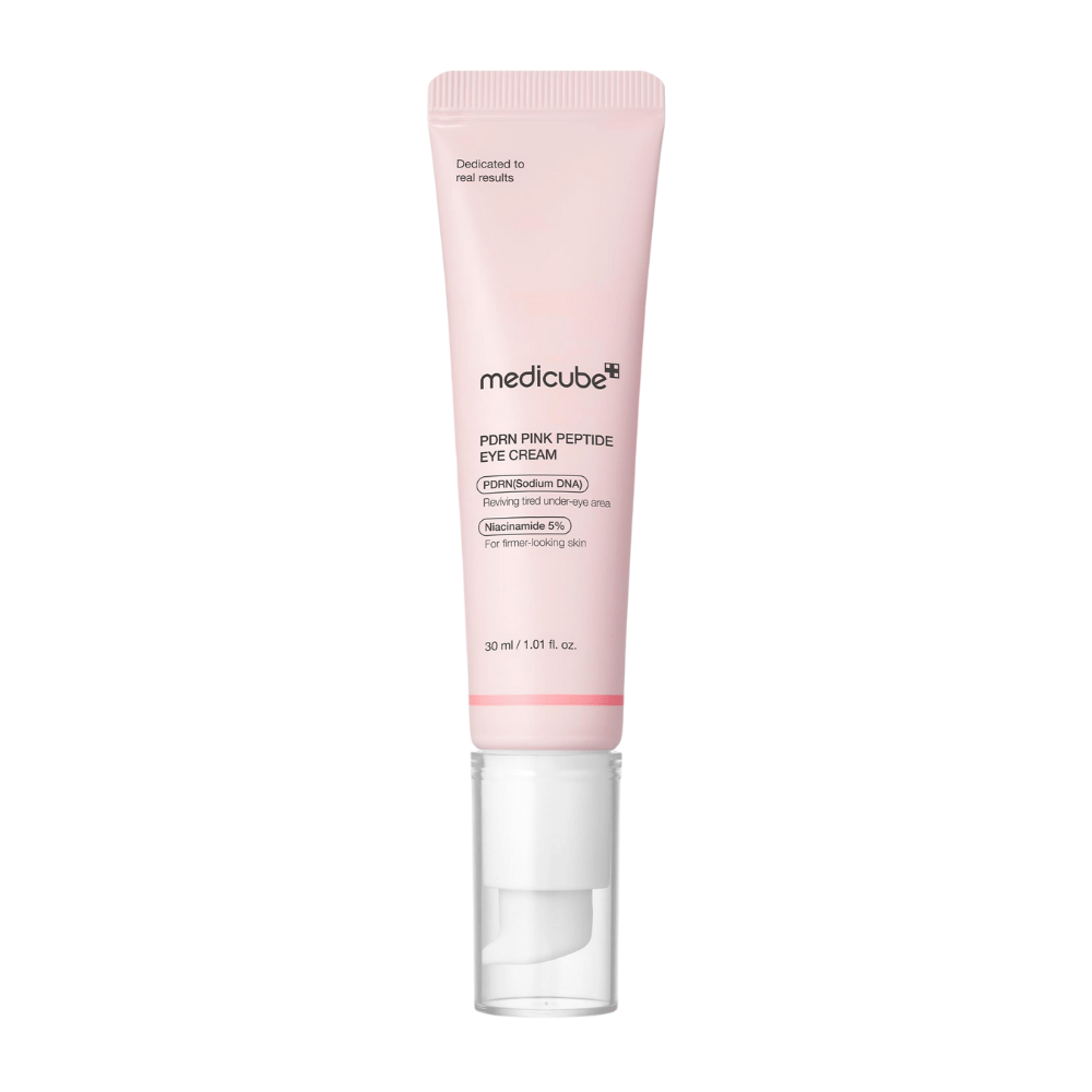 Medicube PDRN Pink Peptide Eye Cream v ružovej tube, 30 ml. Očný krém s PDRN a 5 % niacínamidu, ktorý osviežuje unavenú pokožku pod očami a poskytuje pevnejší vzhľad.