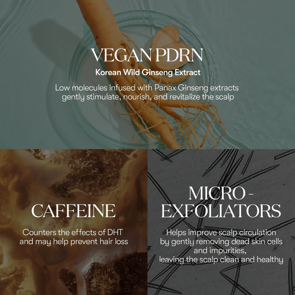Ilustrácia aktívnych zložiek v PDRN Reedle Shot Hair Ampoule 100dL s vegánskym PDRN z kórejského divokého ženšenu, kofeínu a mikro-exfoliátorov, ktoré ošetrujú a revitalizujú pokožku hlavy.