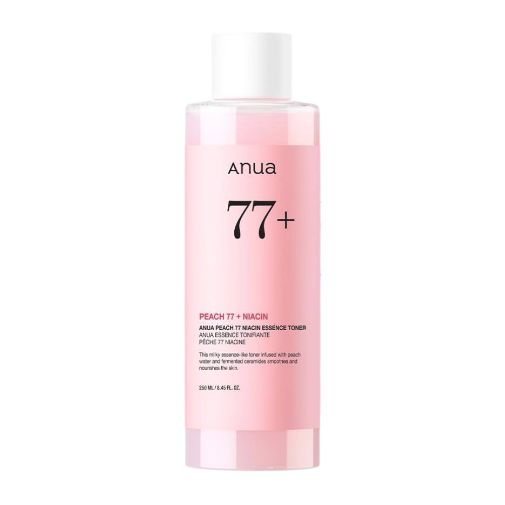 Anua Peach 77 Niacin Essence Toner v priehľadnej ružovej fľaši s bielym uzáverom, obsahujúca 250 ml mliečneho tonera pre rovnomernejší tón pleti a jas.