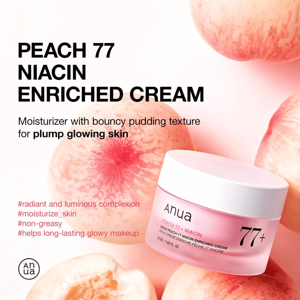 Anua Peach 77% Niacin Enriched Cream – pudingový hydratačný krém, ktorý dodáva žiarivosť a plnosť s 77 % extraktu z broskýň.