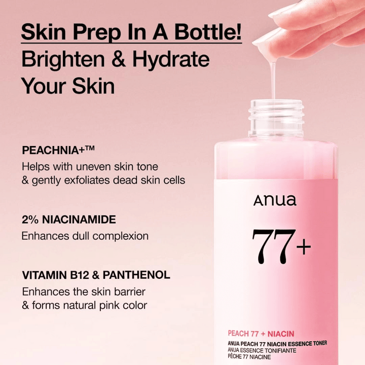 Anua Peach 77 Niacin Essence Toner v ružovej fľaši, s textom, ktorý vyzdvihuje PEACHNIA+, 2 % niacínamid a vitamín B12 a panthenol na rozjasnenie pleti a posilnenie bariéry.