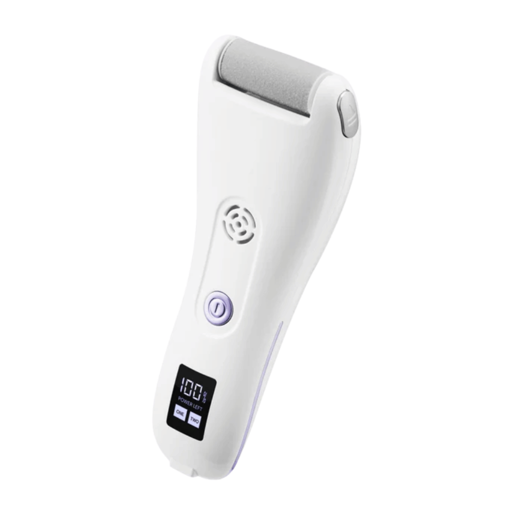 9. BAREN Pedi Mate Dual Power Vacuum Type Electric Callus Remover – biely nabíjateľný elektrický pilník na chodidlá s digitálnym displejom a fialovými detailmi