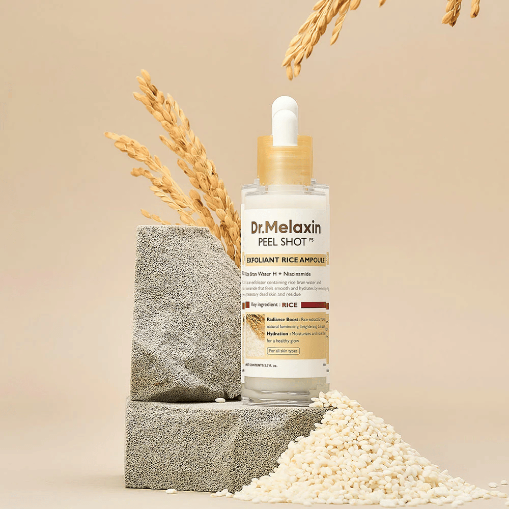 Dr.Melaxin Peel Shot Exfoliant Rice Ampoule postavená s ryžou a kamennými blokmi, kórejská exfoliačná ampulka s ryžovým extraktom a niacínamidom pre jasnejšiu a jemnejšiu pokožku.