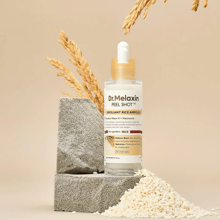 Dr.Melaxin Peel Shot Exfoliant Rice Ampoule postavená s ryžou a kamennými blokmi, kórejská exfoliačná ampulka s ryžovým extraktom a niacínamidom pre jasnejšiu a jemnejšiu pokožku.