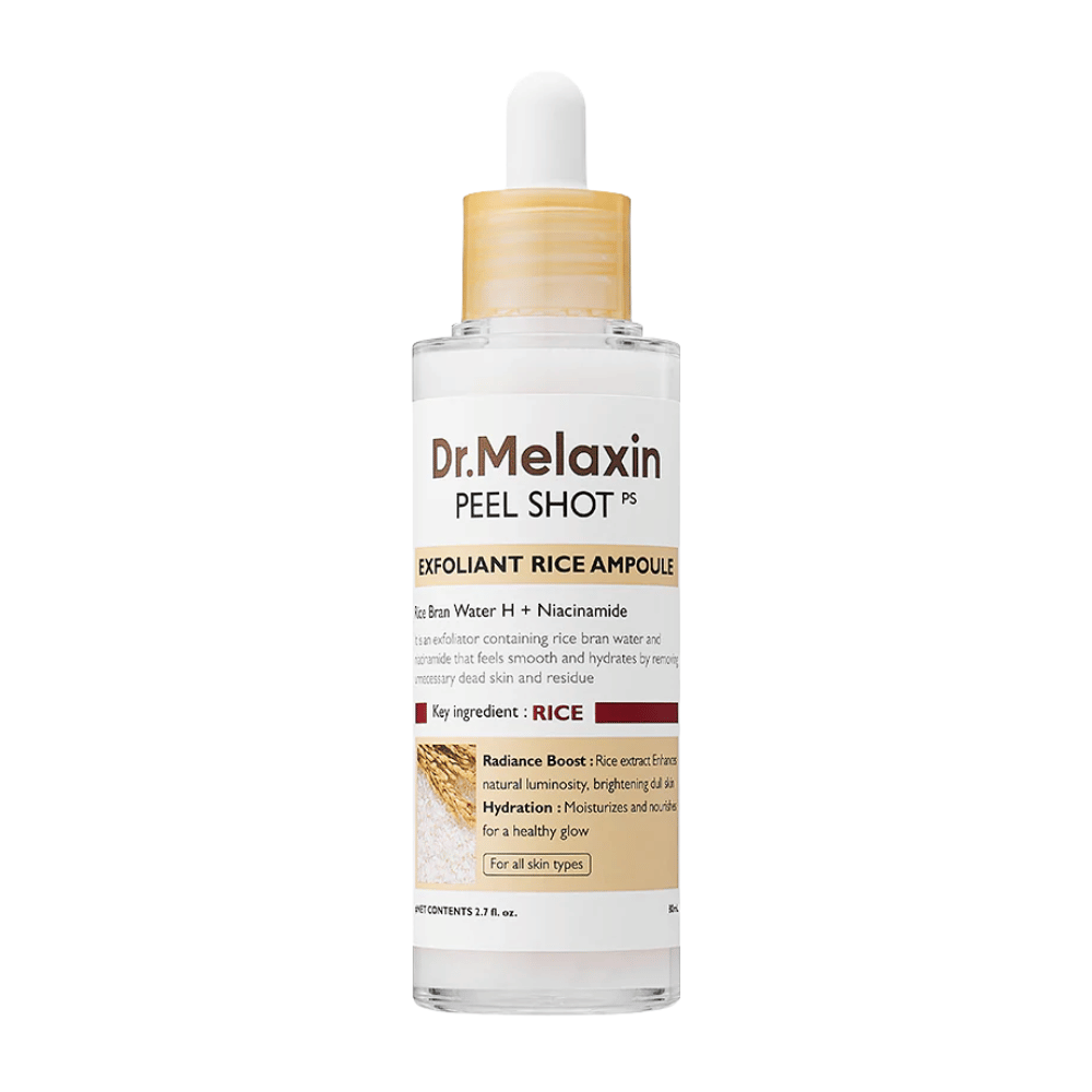 Dr.Melaxin Peel Shot Exfoliant Rice Ampoule v celej svojej kráse na bielom pozadí, exfoliačné sérum s ryžovým extraktom a niacínamidom pre rovnomernejší tón pleti a zvýšený lesk.
