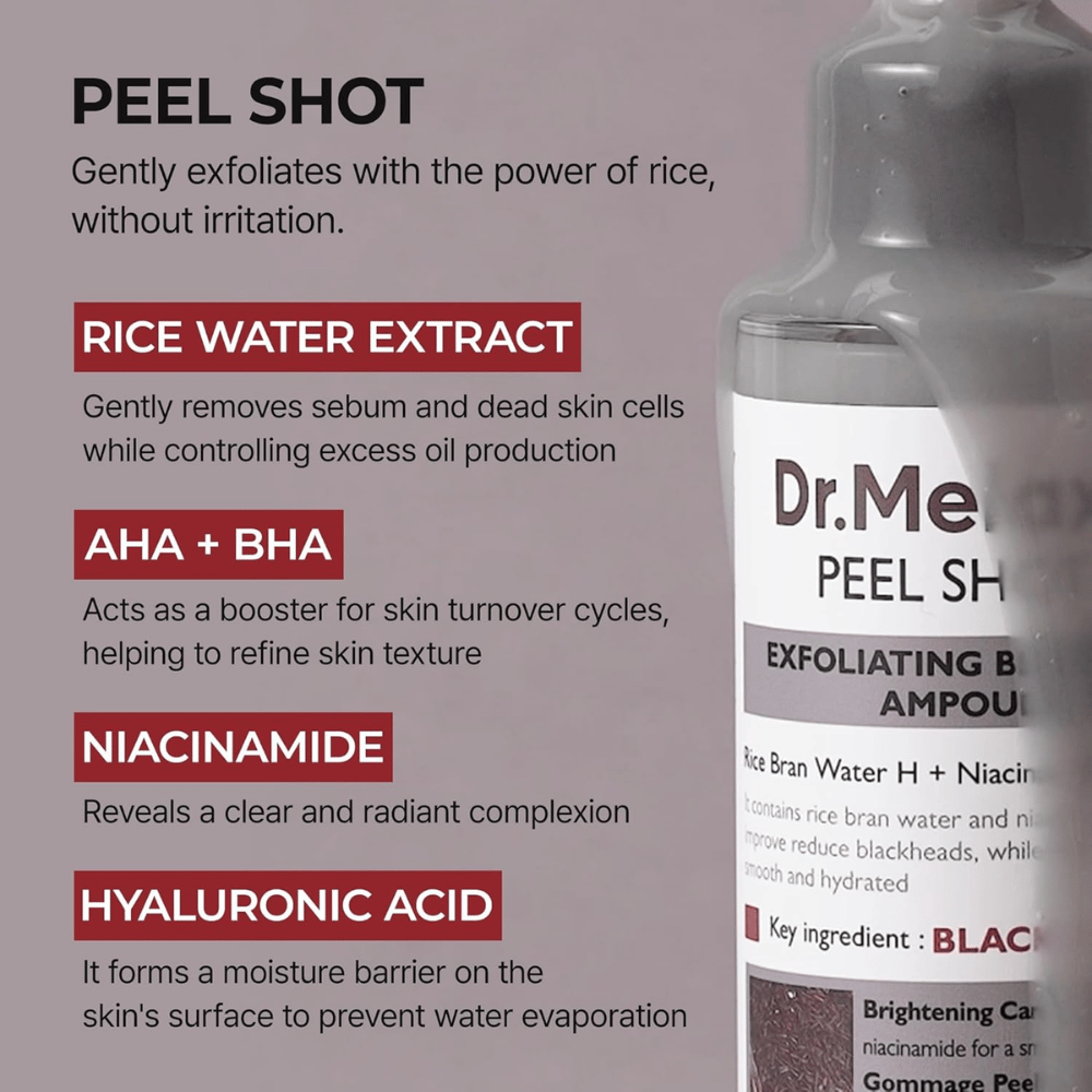 Dr.Melaxin Peel Shot Black Rice Ampoule s extraktom z ryžovej vody, AHA BHA, niacínamidom a kyselinou hyalurónovou pre exfoliáciu a zjemnenie pórov