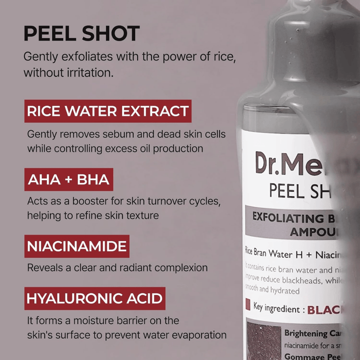 Dr.Melaxin Peel Shot Black Rice Ampoule s extraktom z ryžovej vody, AHA BHA, niacínamidom a kyselinou hyalurónovou pre exfoliáciu a zjemnenie pórov