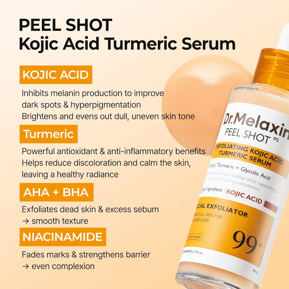 Exfoliačné sérum s kyselinou kojovou a kurkumou, ktoré sa vmasíruje do pokožky na zníženie hyperpigmentácie a dodanie jasu