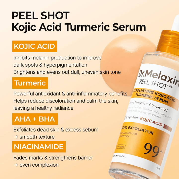 Exfoliačné sérum s kyselinou kojovou a kurkumou, ktoré sa vmasíruje do pokožky na zníženie hyperpigmentácie a dodanie jasu