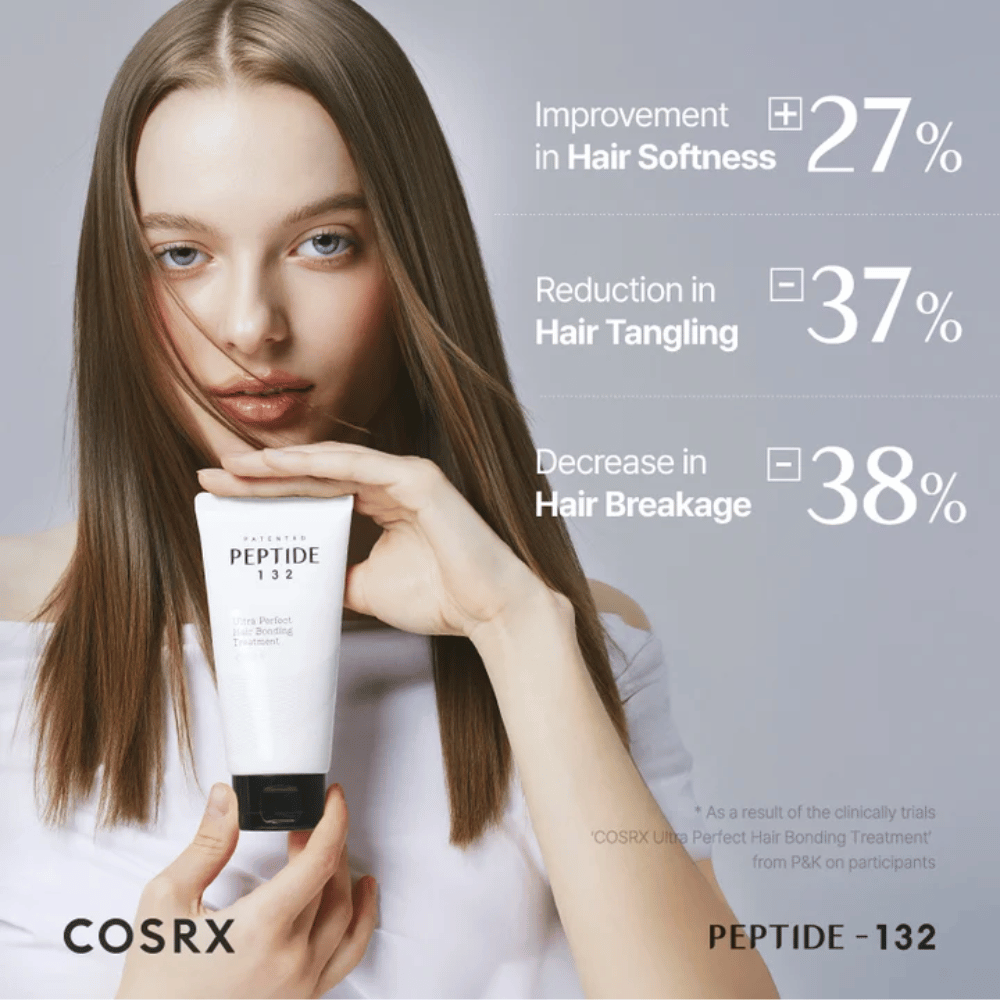 Žena drží COSRX Peptide 132 Treatment – ukazuje klinické výsledky so zníženým lámavosťou vlasov a zvýšenou jemnosťou.