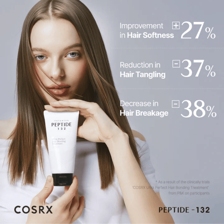 Žena drží COSRX Peptide 132 Treatment – ukazuje klinické výsledky so zníženým lámavosťou vlasov a zvýšenou jemnosťou.