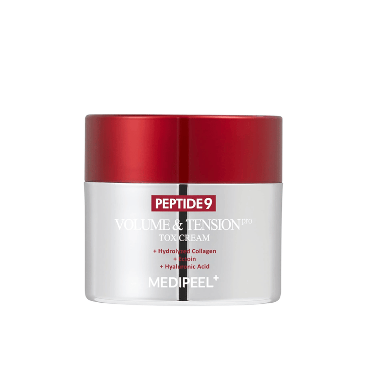MEDI-PEEL Peptide 9 Volume & Tension Tox Cream v striebornej nádobe s červeným viečkom. Krém proti starnutiu s peptidmi a kolagénom, ktorý posilňuje elasticitu pokožky.