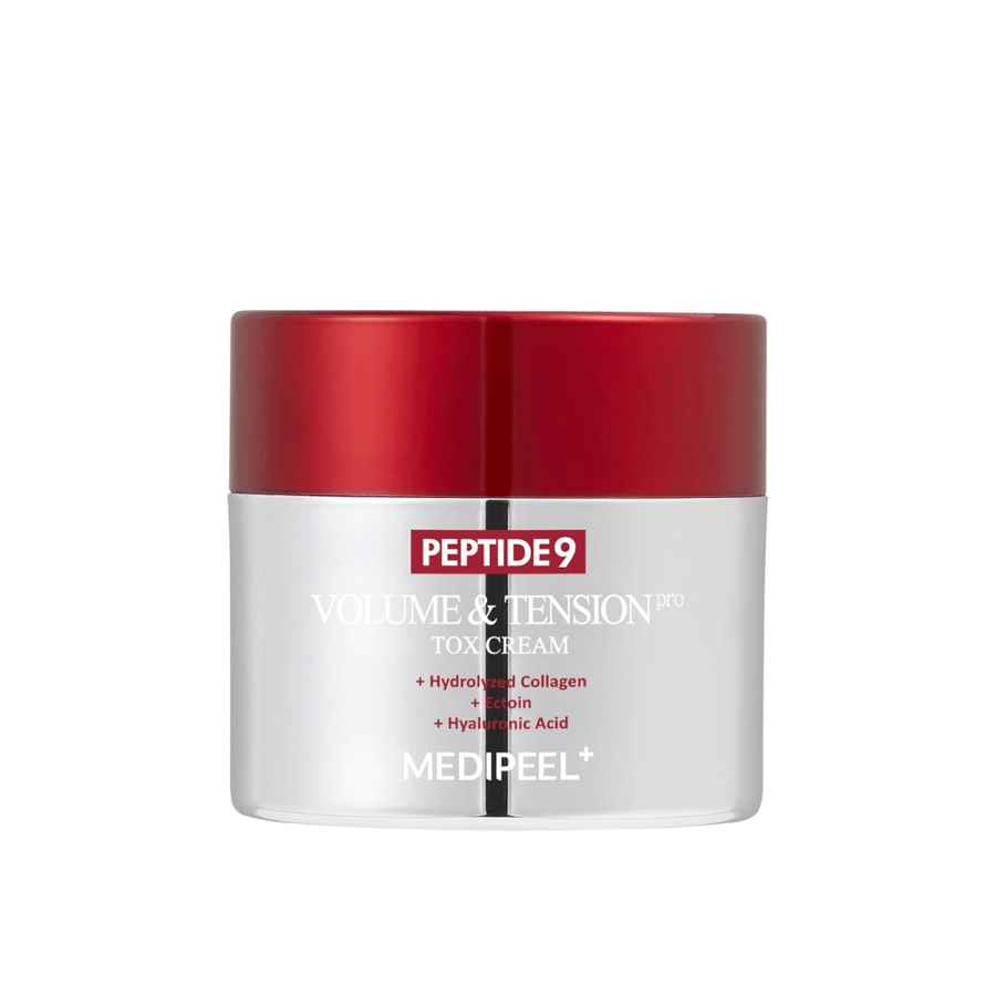 MEDI-PEEL Peptide 9 Volume & Tension Tox Cream v striebornej nádobe s červeným viečkom. Krém proti starnutiu s peptidmi a kolagénom, ktorý posilňuje elasticitu pokožky.