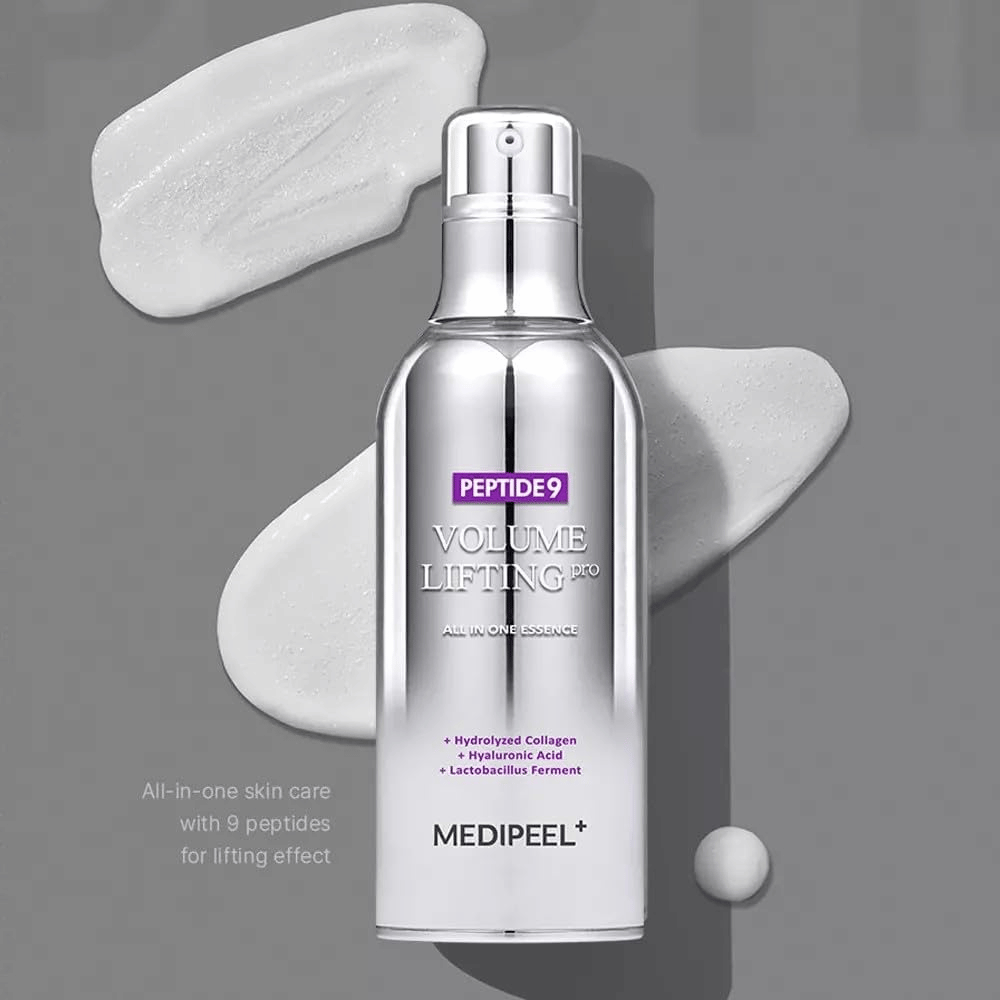 Medi-Peel Peptide 9 Volume Lifting All In One Essence Pro – kórejská essence s peptidmi, kolagénom a kyselinou hyalurónovou, ktoré pomáhajú hydratovať pokožku a zlepšovať elasticitu pokožky.