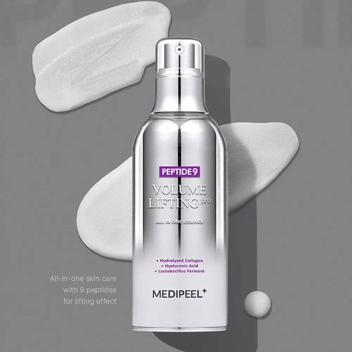 Medi-Peel Peptide 9 Volume Lifting All In One Essence Pro – kórejská essence s peptidmi, kolagénom a kyselinou hyalurónovou, ktoré pomáhajú hydratovať pokožku a zlepšovať elasticitu pokožky.