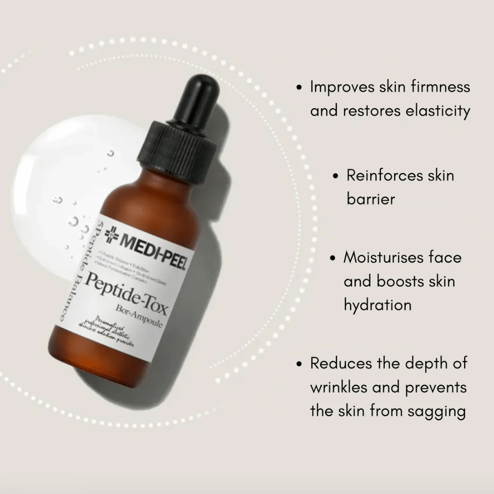 MEDI-PEEL Peptide-Tox Bor Ampoule – kórejské pleťové sérum s peptidmi, ktoré zlepšuje pevnosť pokožky, posilňuje kožnú bariéru, hĺbkovo hydratuje a znižuje viditeľné vrásky.