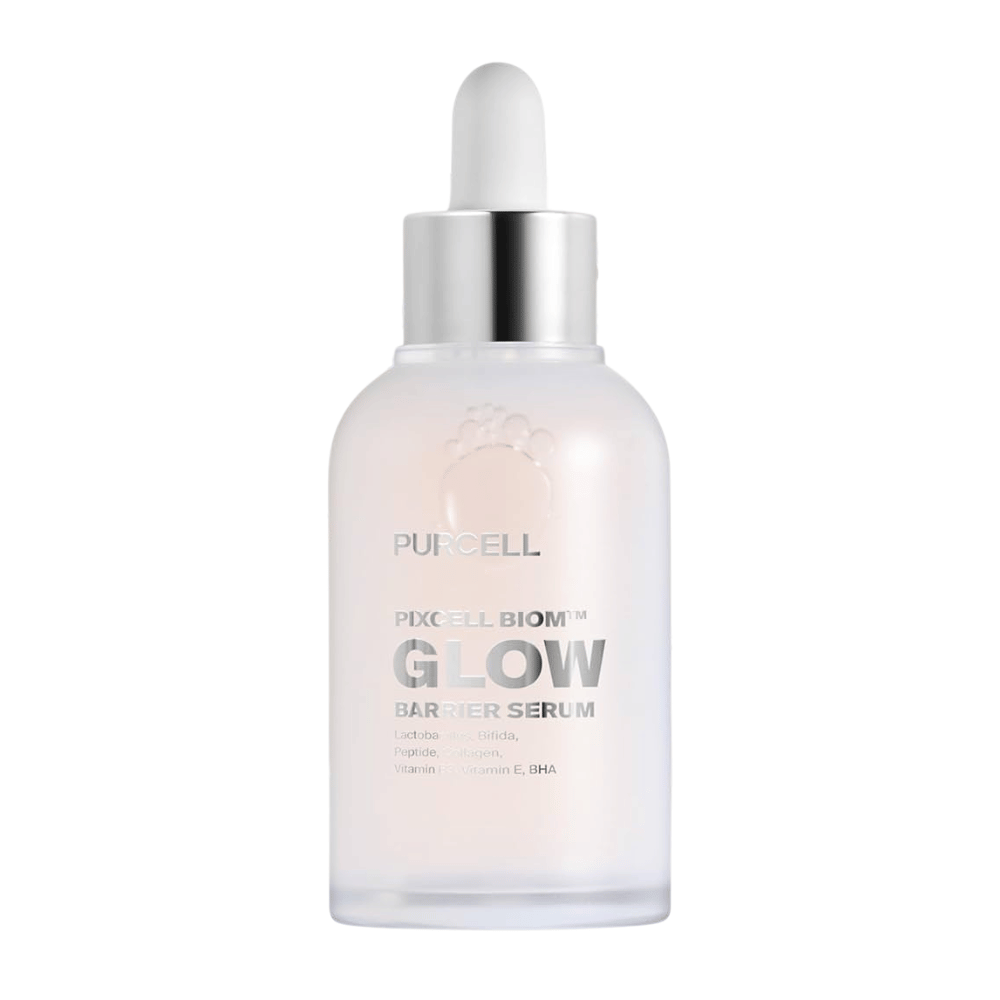Produktový obrázok PURCELL Pixcell Biom Glow Barrier Serum v matnej sklenenej fľaši s pipetou – posilňuje kožnú bariéru a dodáva prirodzený lesk.