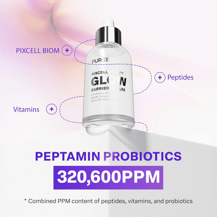 PURCELL Pixcell Biom Glow Barrier Serum s Peptamin Probiotics 320 600 PPM – kombinácia peptidov, vitamínov a probiotík.