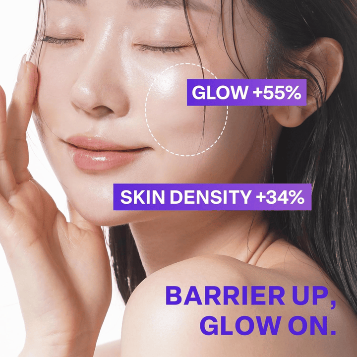 Detailný záber na ženu so žiarivou pleťou po použití PURCELL Pixcell Biom Glow Barrier Serum. Lesk pokožky sa zvýši o 55 % a hustota o 34 %.