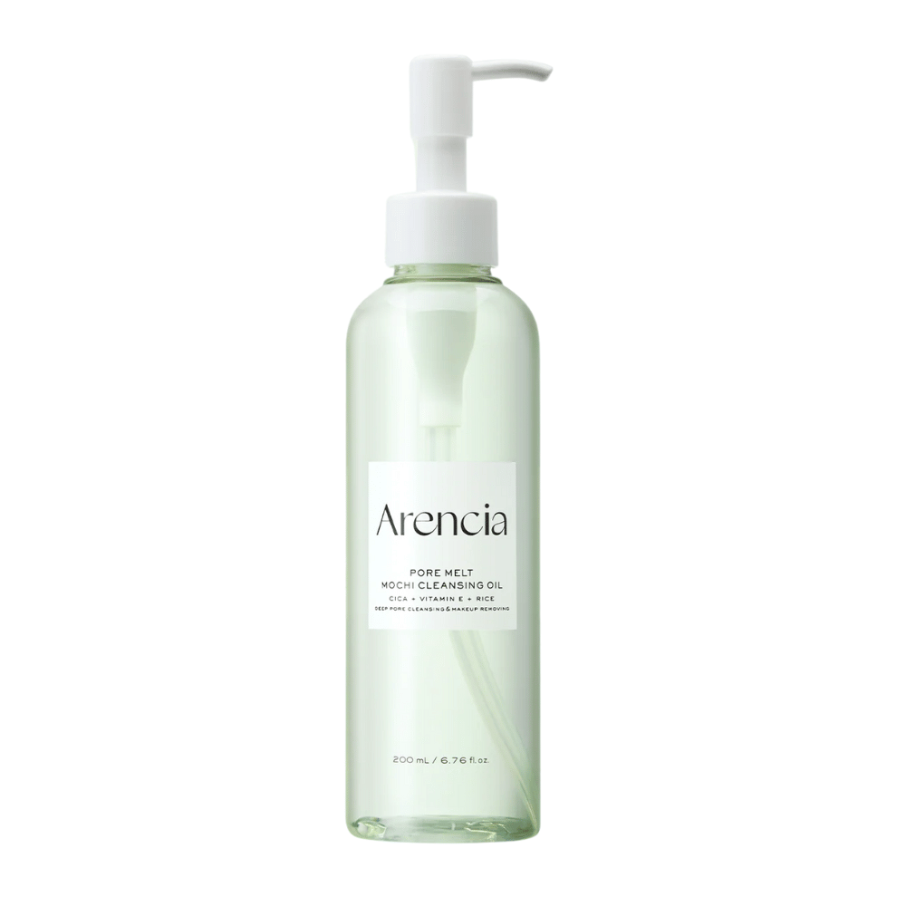 Arencia Pore Melt Mochi Cleansing Oil v plnej veľkosti na bielom pozadí, kórejský olejový čistiaci prostriedok s pumpičkou, ktorý čistí póry a odstraňuje make-up bez podráždenia.