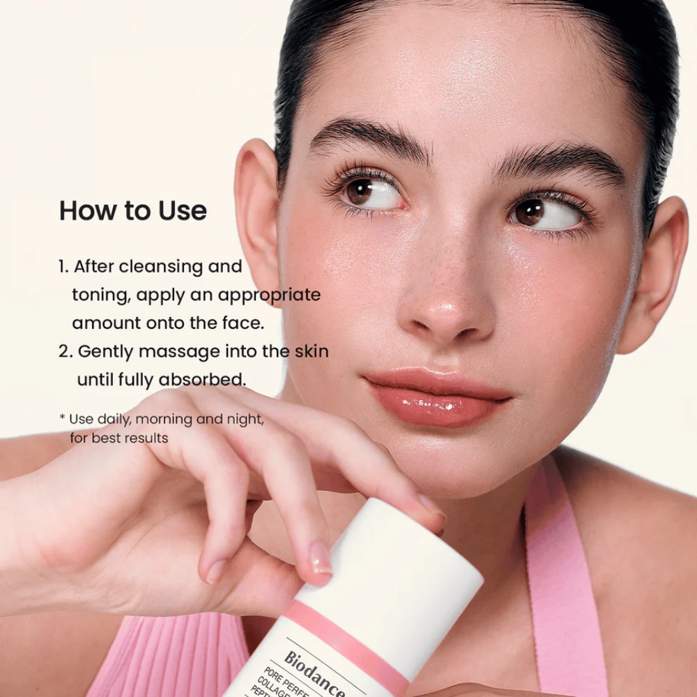 Biodance Pore Perfecting Collagen Peptide Cream aplikácia po čistení – hydratačný a spevňujúci pleťový krém s peptidmi a kolagénom