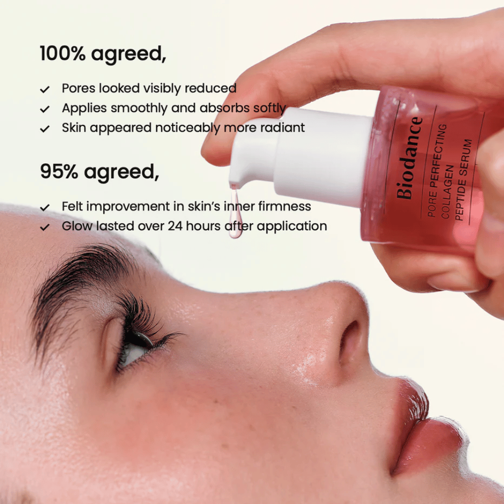 Biodance Collagen Peptide Serum sa aplikuje na tvár – spevňujúce sérum pre zmenšené póry a zvýšený lesk.