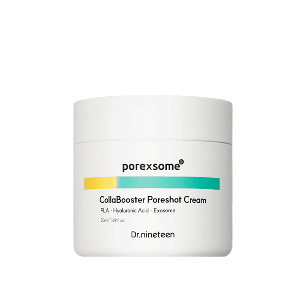 Produktový obrázok Porexsome CollaBooster Poreshot Cream v bielej nádobe s farebnými detailmi v žltej a tyrkysovej. Zjemňujúci póry a hydratačný pleťový krém.