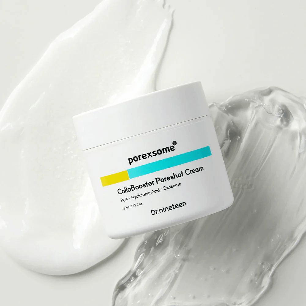 Dr.nineteen Porexsome CollaBooster Poreshot Cream na lesklom, gélovitom povrchu. Hydratačný krém s exozómami a kyselinou hyalurónovou.