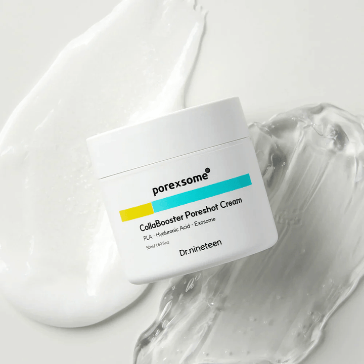 Dr.nineteen Porexsome CollaBooster Poreshot Cream na lesklom, gélovitom povrchu. Hydratačný krém s exozómami a kyselinou hyalurónovou.