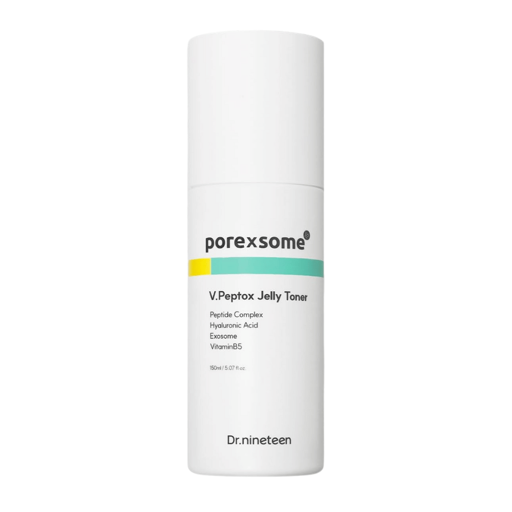 Produktový obrázok Dr.nineteen Porexsome V.Peptox Jelly Toner v bielej fľaši. Hydratačný toner s peptidmi, exozómami a vitamínom B5.