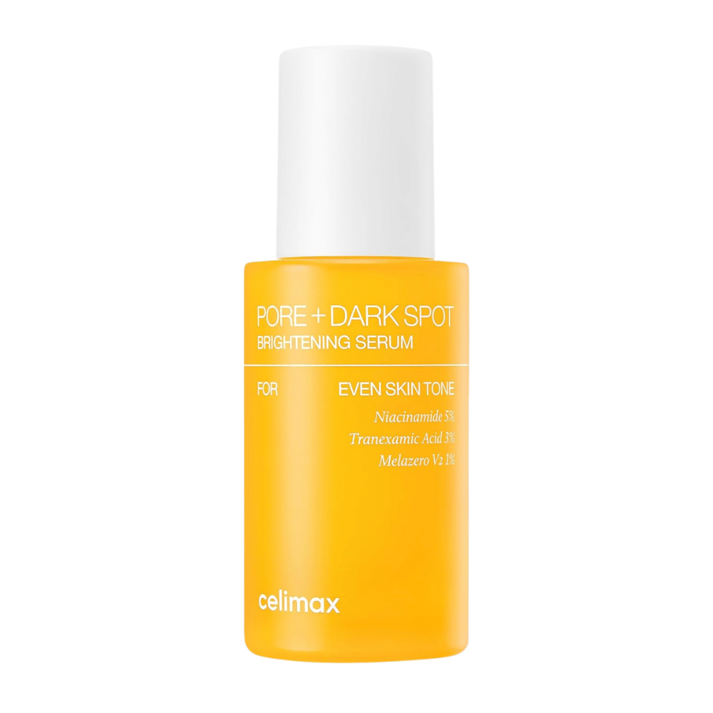 Celimax Pore + Dark Spot Brightening Serum v stojatej žltej fľaši s bielym uzáverom, obsahuje niacínamid, tranexamovú kyselinu a Melazero.